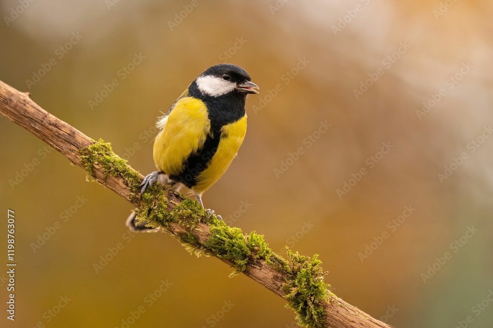 Naklejka premium Great Tit on Mossy Branch: A Vibrant Autumn Portrait