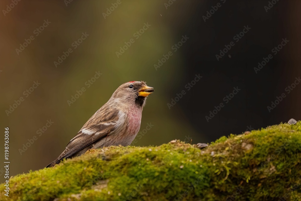 Obraz premium Common Redpoll on Mossy Log in Forest