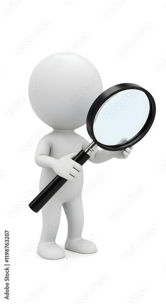 A white 3D human figure uses a magnifying glass to reveal unseen truths in a vivid representation of curiosity and exploration A white 3D human figure uses a magnifying glass to reveal unseen truths in a vivid representation of curiosity and exploration