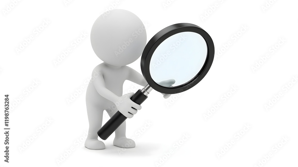 3D character in a blank space magnifies details, symbolizing deep search and clarity, exploring the unknown with a magnifying glass, perfect for conceptual illustrations in presentations 3D character in a blank space magnifies details, symbolizing deep search and clarity, exploring the unknown with a magnifying glass, perfect for conceptual illustrations in presentations