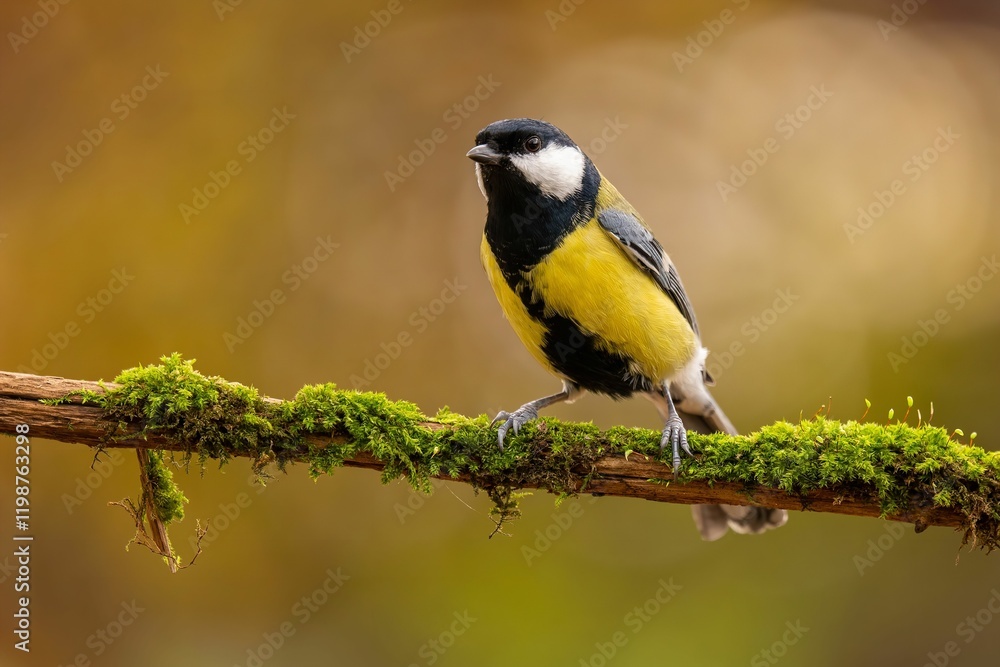 Great Tit Perched on Mossy Branch Great Tit Perched on Mossy Branch