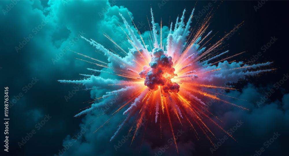 Fototapeta premium Powerful explosion, with a fiery orange core and a swirling cloud of vibrant colors