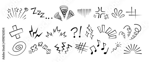 Manga or anime comic emoticon element graphic effects hand drawn doodle vector illustration set isolated on white background. Line style manga doodle line expression scribble anime mark collection.