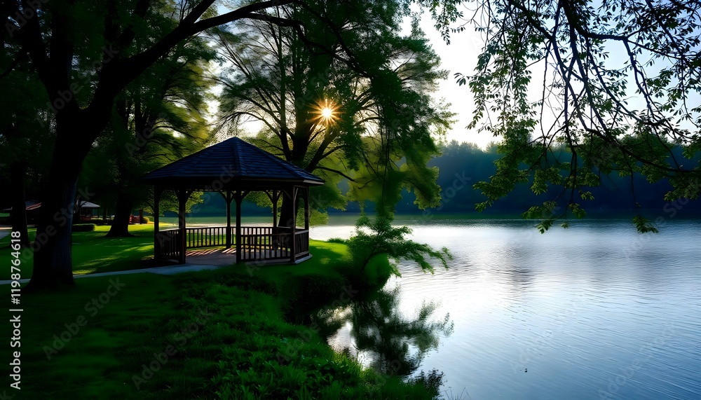 Fototapeta premium a gazebo sits on the bank of a lake