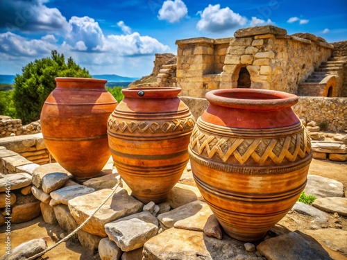 Tilt-Shift Photo: Ancient Minoan Pithos Vases at Knossos Palace Ruins, Crete photo