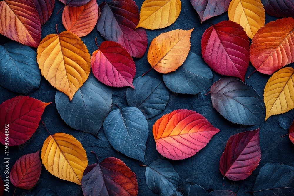 Top view of colorful autumn leaves on a dark background