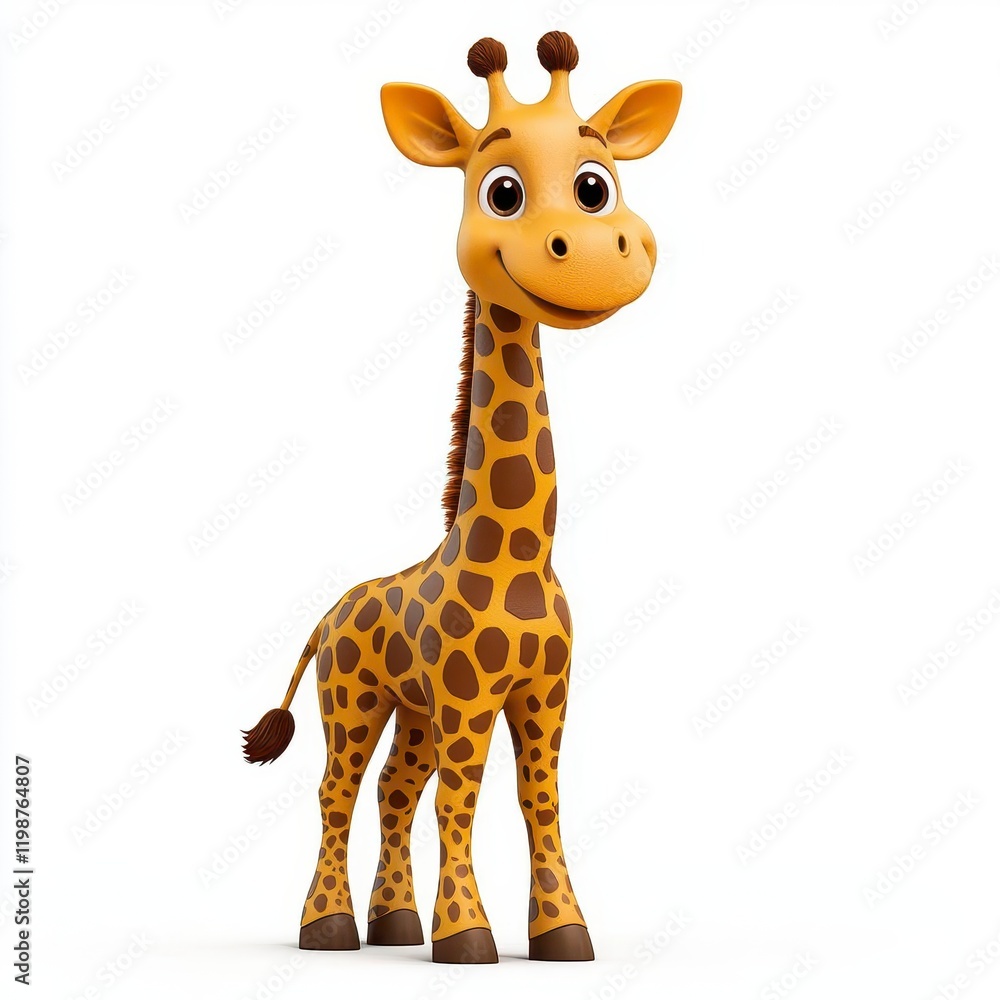 A photostock of a cute cartoon giraffe with a long neck and bright brown spots, isolated on a clean white background, adorable and fun, High Quality A photostock of a cute cartoon giraffe with a long neck and bright brown spots, isolated on a clean white background, adorable and fun, High Quality