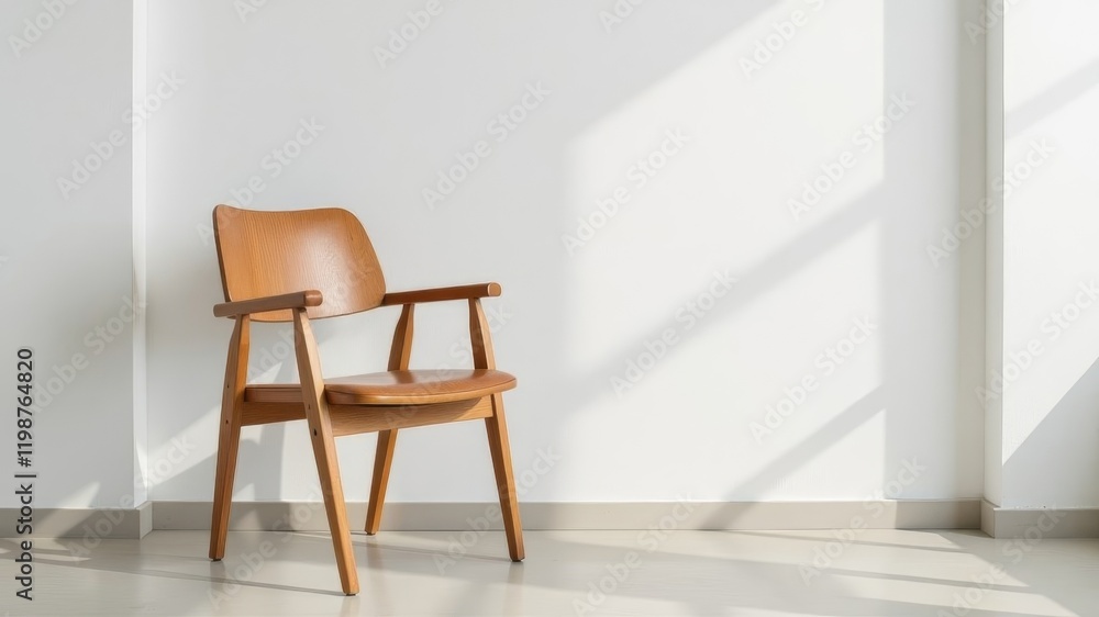 Fototapeta premium wooden chair stands in room on white background with sun glare.