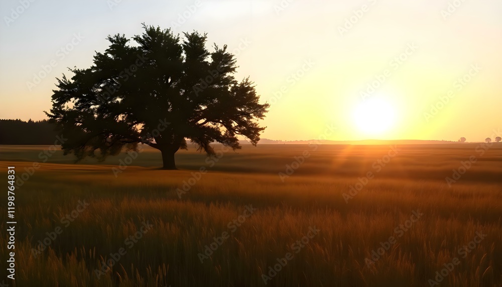 Fototapeta premium a tree in a field with the sun setting in the background