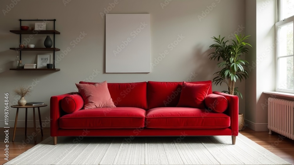 There is a red sofa in the room. There is a red sofa in the room.