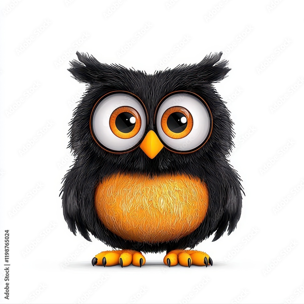 A photostock of a fluffy cartoon owl with big round eyes sitting upright, isolated on a clean white background, cute and animated, High Quality A photostock of a fluffy cartoon owl with big round eyes sitting upright, isolated on a clean white background, cute and animated, High Quality