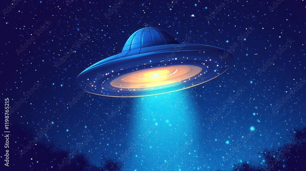A Blue Spaceship Hovering Above a Starry Night Sky A Blue Spaceship Hovering Above a Starry Night Sky