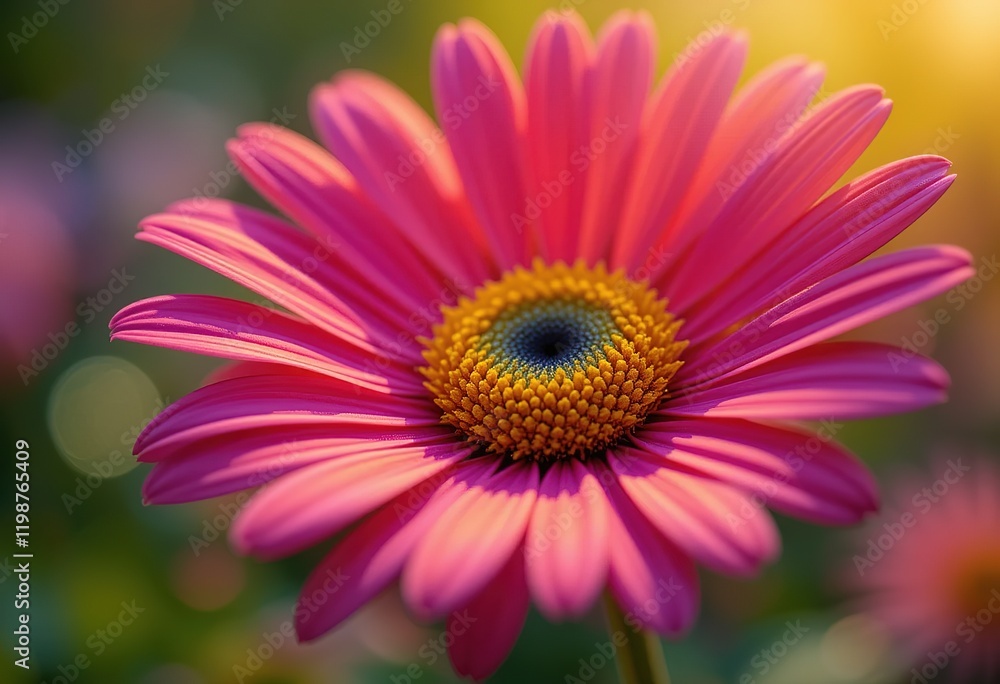 A close up image showcases a single, vibrant pink daisy illuminated by warm sunlight, highlighting its delicate petals and intricate details. A close up image showcases a single, vibrant pink daisy illuminated by warm sunlight, highlighting its delicate petals and intricate details.