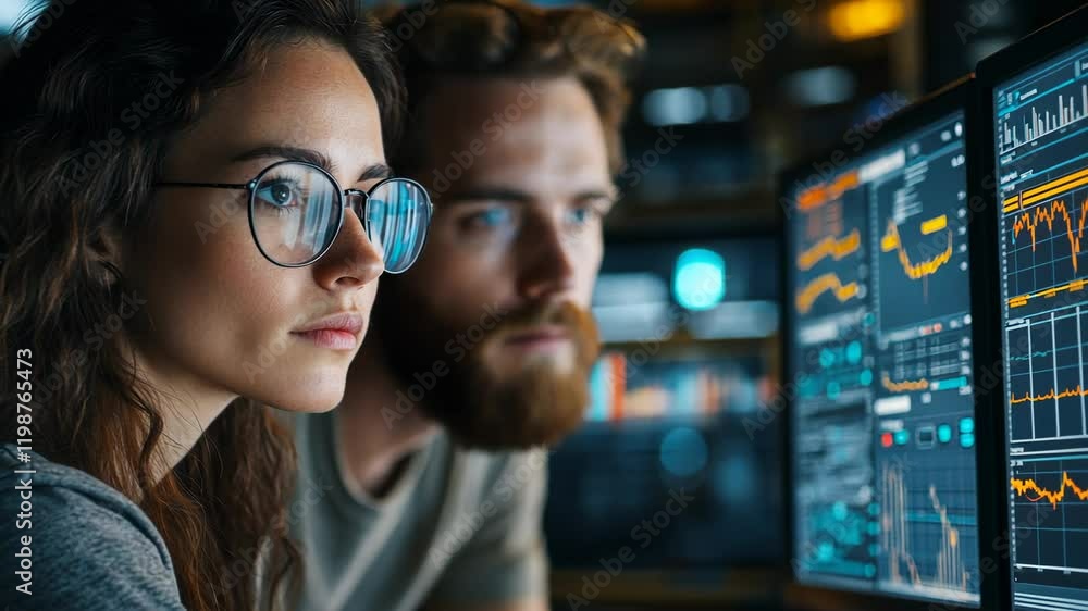 Focused Data Analysts Reviewing Financial Charts on Multiple Monitors, financial data, stock market, graphs, screen, computer screens Focused Data Analysts Reviewing Financial Charts on Multiple Monitors, financial data, stock market, graphs, screen, computer screens