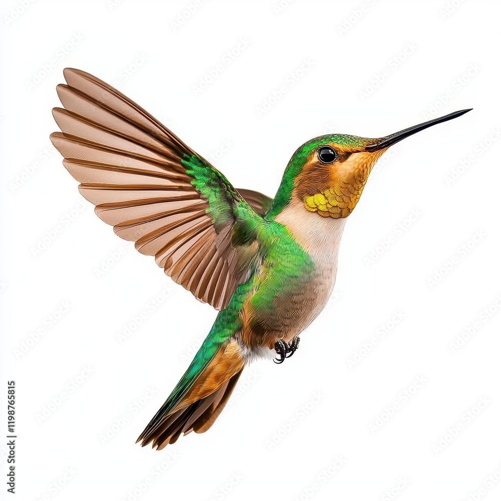Fototapeta premium A photostock of a hummingbird hovering with its wings outstretched and bright plumage, isolated on a clean white background, elegant and lively, High Quality