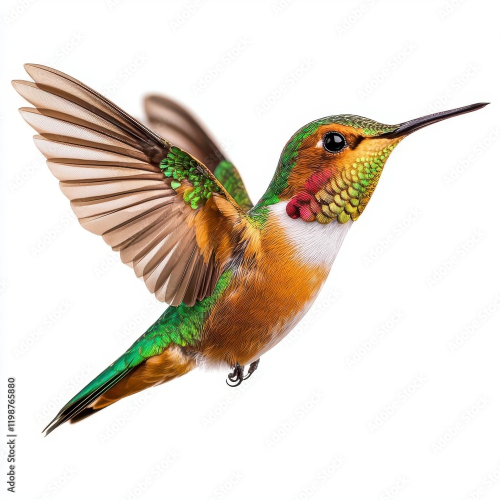 Obraz premium A photostock of a hummingbird hovering with its wings outstretched and bright plumage, isolated on a clean white background, elegant and lively, High Quality