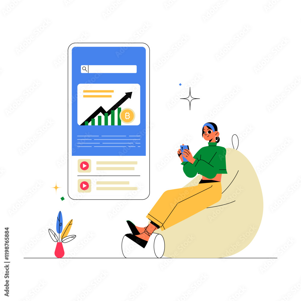 Obraz premium Woman Using Smartphone To Track Cryptocurrency Growth In Flat Vector Illustration Symbolizing Investment, Financial Planning, And Technology, Isolated On White Background