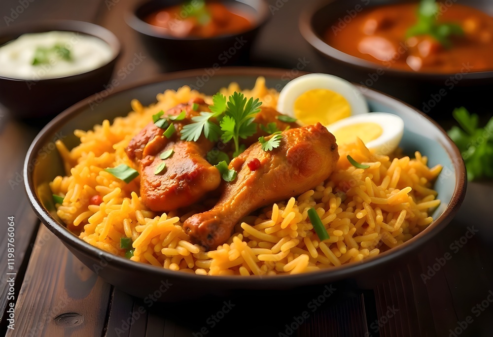 A Spicy Indian Biryani With Fragrant Basmati Rice, Tender Chicken, And Rich Spices, Served With A Side Of Raita And A Boiled Egg A Spicy Indian Biryani With Fragrant Basmati Rice, Tender Chicken, And Rich Spices, Served With A Side Of Raita And A Boiled Egg