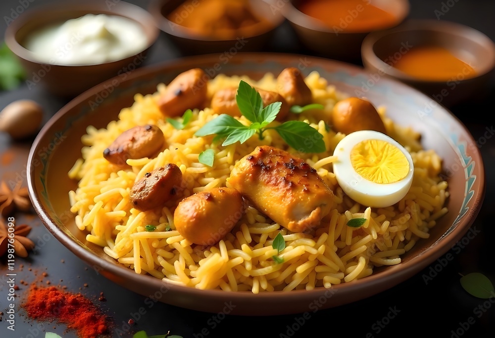 A Spicy Indian Biryani With Fragrant Basmati Rice, Tender Chicken, And Rich Spices, Served With A Side Of Raita And A Boiled Egg A Spicy Indian Biryani With Fragrant Basmati Rice, Tender Chicken, And Rich Spices, Served With A Side Of Raita And A Boiled Egg