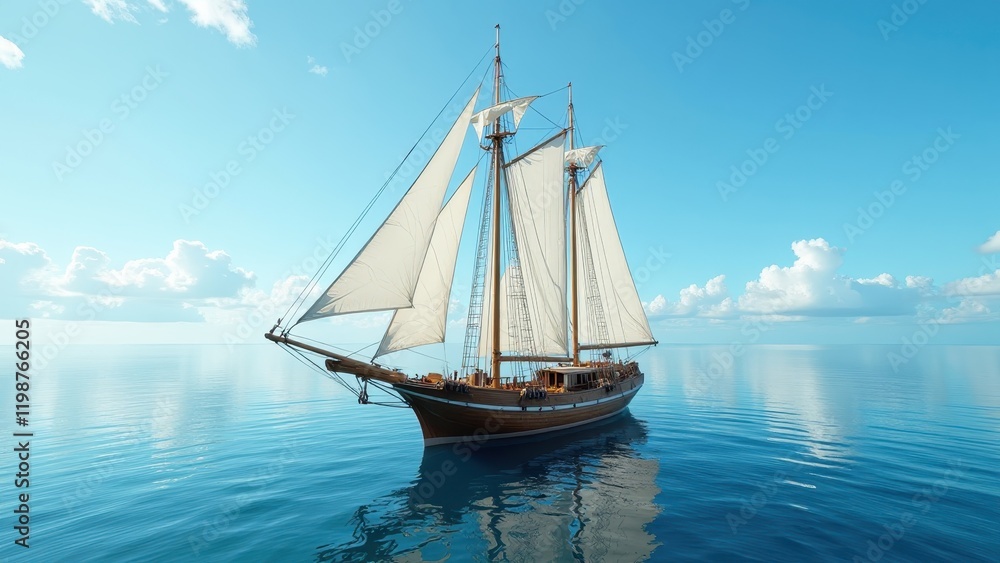 Fototapeta premium Majestic three-masted tall ship glides across ocean waves, its dark brown hull contrasting with pristine white sails reaching skyward under an expansive blue horizon