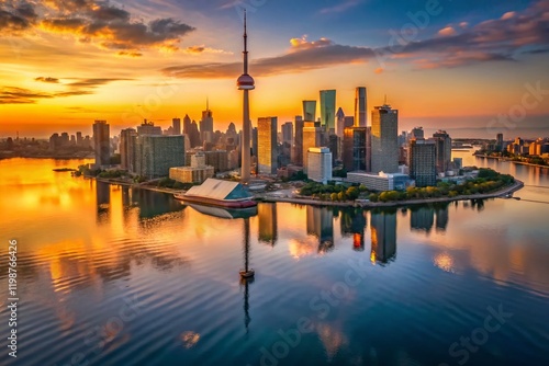 Toronto Skyline Sunset Reflection - Drone Aerial View