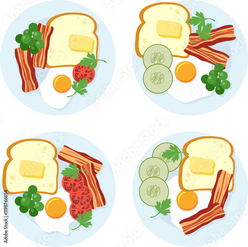 vector cooking cartoon illustration with fried bacon, fried egg, vegetables, bread and butter on a plate. healthy breakfast food symbol isolated on white background. eggs, bacon slices, toast