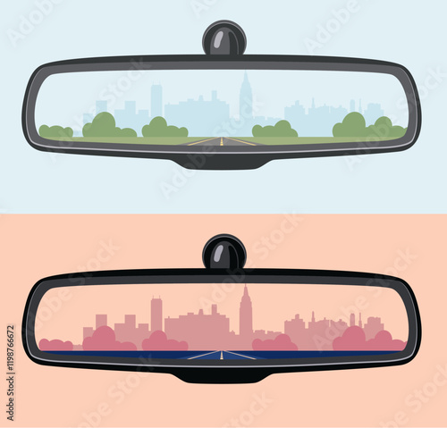 vector set of car rear view mirrors. reflection in automobile rear view mirror. transport illustrations. cityscape reflection in a mirror