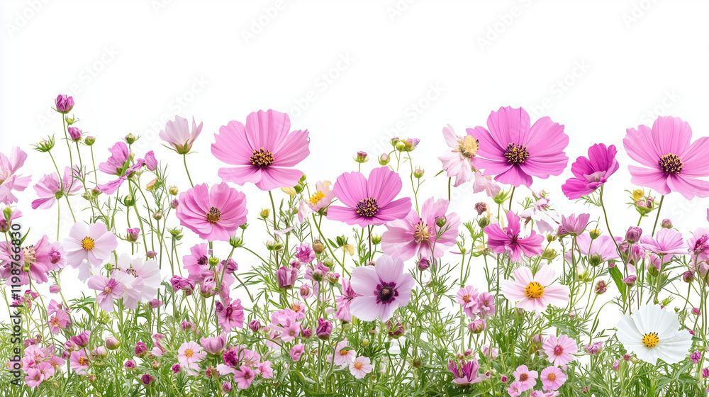 Pink Cosmos Floral Border: Delicate pink and white cosmos flowers bloom in a picturesque border, showcasing their vibrant petals and graceful stems against a clean backdrop. Pink Cosmos Floral Border: Delicate pink and white cosmos flowers bloom in a picturesque border, showcasing their vibrant petals and graceful stems against a clean backdrop.