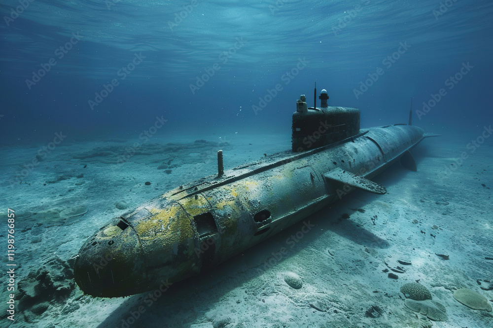 Beautiful large submarine floating in middle of deep ocean during mission, abstract vivid composition consists of fictional unreal fantastic vision on background Beautiful large submarine floating in middle of deep ocean during mission, abstract vivid composition consists of fictional unreal fantastic vision on background
