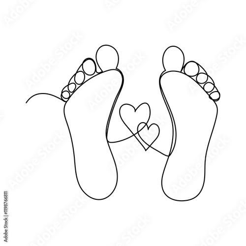 One continuous line drawing of bare foot and footprint. Elegance female feet in simple linear style. Concept of Wellness massage and Care about soft skin. Editable stroke. Doodle vector illustration