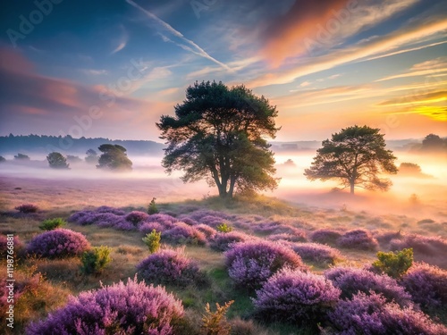 Tranquil Heather Field Mist, Buurserzand, Netherlands - Scenic Landscape Photography