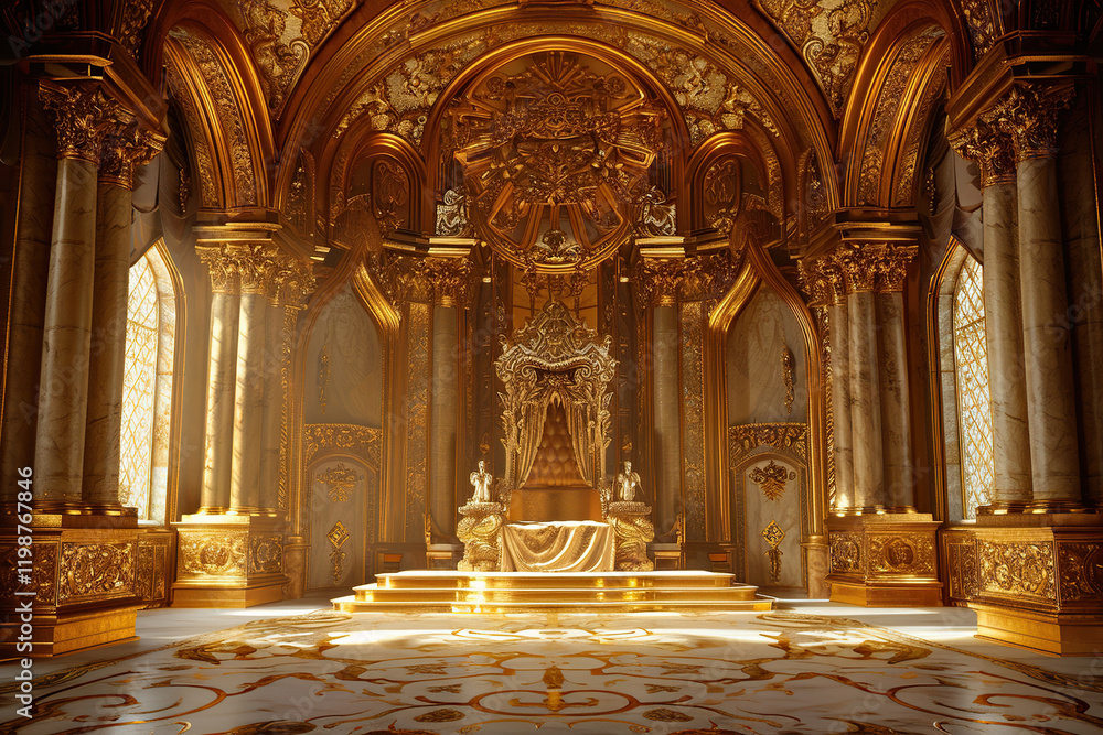 Obraz premium Fantastically beautiful throne of power of king or queen in throne room, abstract vivid composition consists of fictional unreal fantastic vision on background