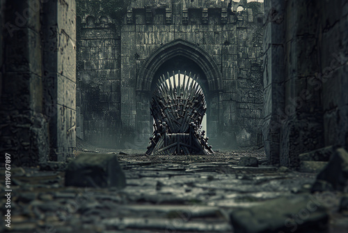 Fantastically beautiful throne of power of king or queen in throne room, abstract vivid composition consists of fictional unreal fantastic vision on background