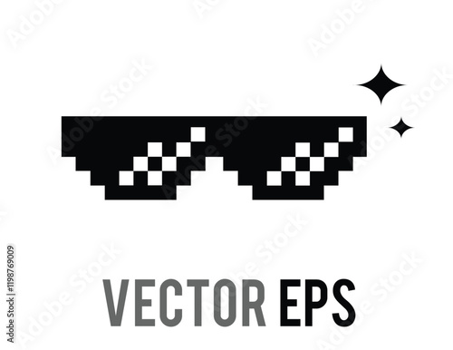 8 bit pixel cool black sun glasses, sunglasses flat icon with blinking stars