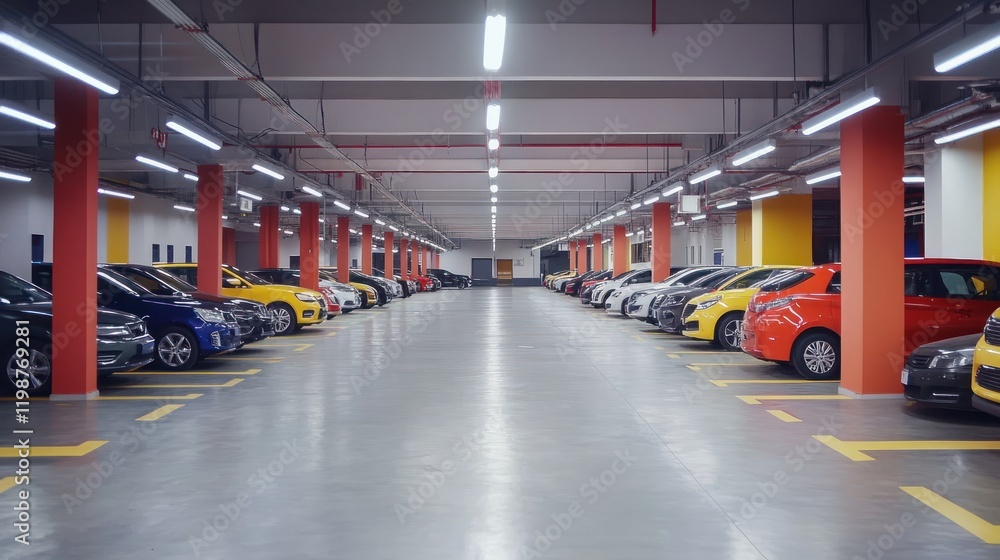 Budget auto rental office with efficient, compact cars parked in rows, a clean and functional setting