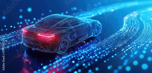 Modern technology car in 3D wireframe, set against a digitally colored blue background.