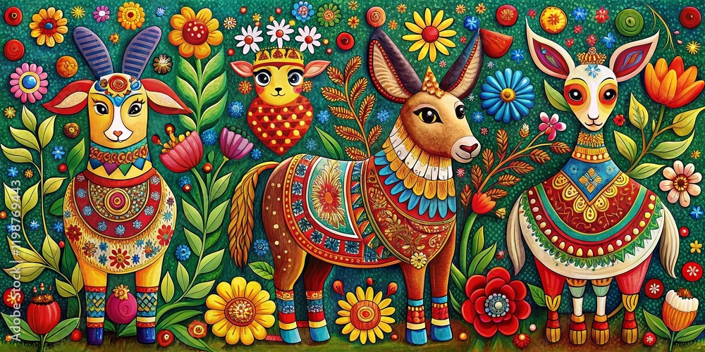 Fototapeta premium Ukrainian Karakoko Folk Art: Charming Ethnic Animals, Left Composition, Copy Space