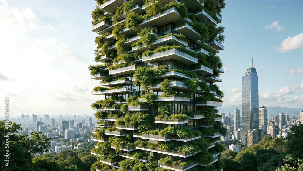 Obraz premium Modern eco-friendly high-rise building adorned with greenery amidst a city skyline