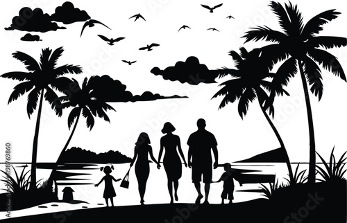 Family walking with their child on the beach silhouette vector