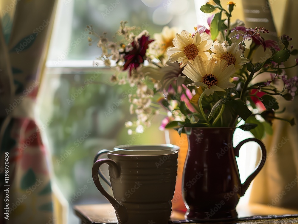 Cozy Flower Bouquet and Cups Creating a Warm Atmosphere Cozy Flower Bouquet and Cups Creating a Warm Atmosphere