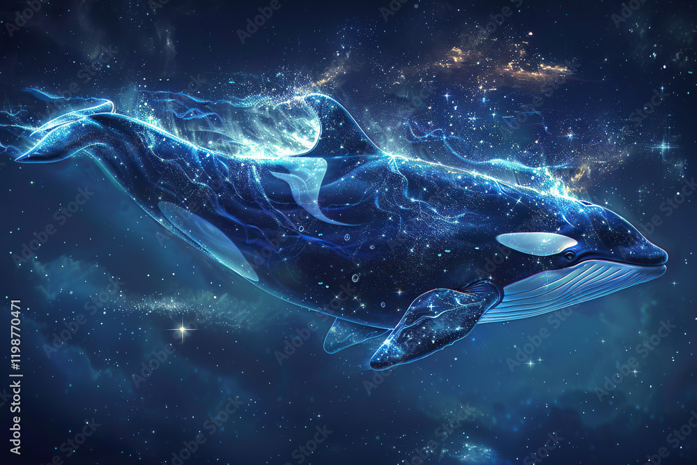 Fototapeta premium Fantastically beautiful majestic huge whale in deep blue ocean, abstract vivid composition consists of fictional unreal fantastic vision on background