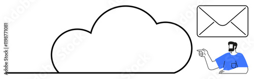 Black outlined cloud, envelope symbol, and person pointing simplify digital connectivity, emphasizing email communication, information storage, and cloud technology. Ideal for tech, communication