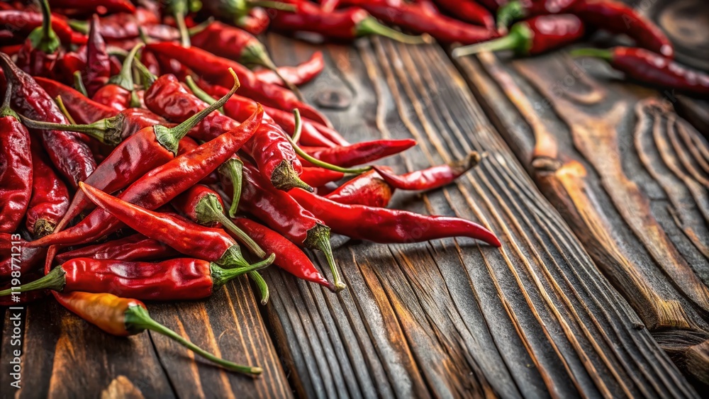 Dried Red Chili Peppers on Rustic Wood: Minimalist Spicy Food Photography Dried Red Chili Peppers on Rustic Wood: Minimalist Spicy Food Photography