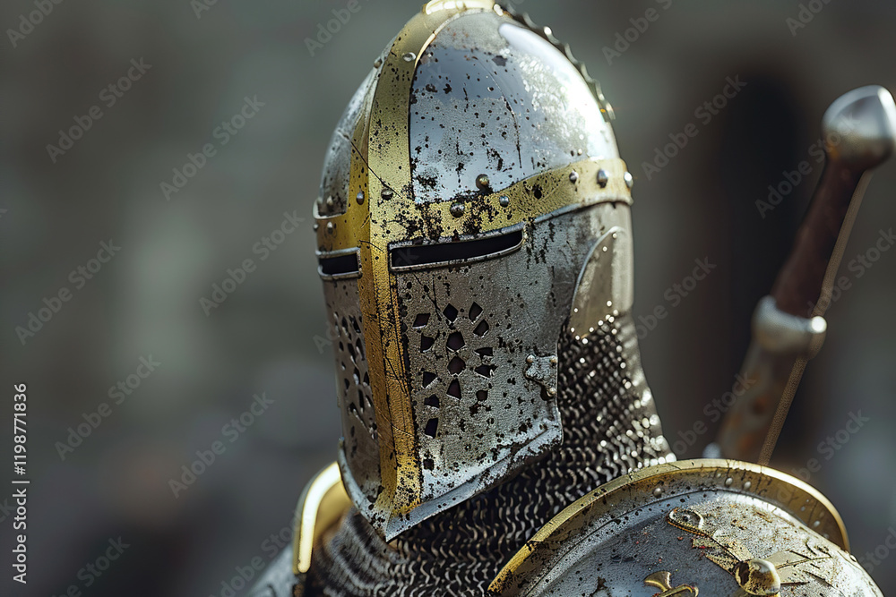 Fantastic beautiful royal knight in iron armor guards castle chambers, abstract vivid composition consists of fictional unreal fantastic vision on background Fantastic beautiful royal knight in iron armor guards castle chambers, abstract vivid composition consists of fictional unreal fantastic vision on background
