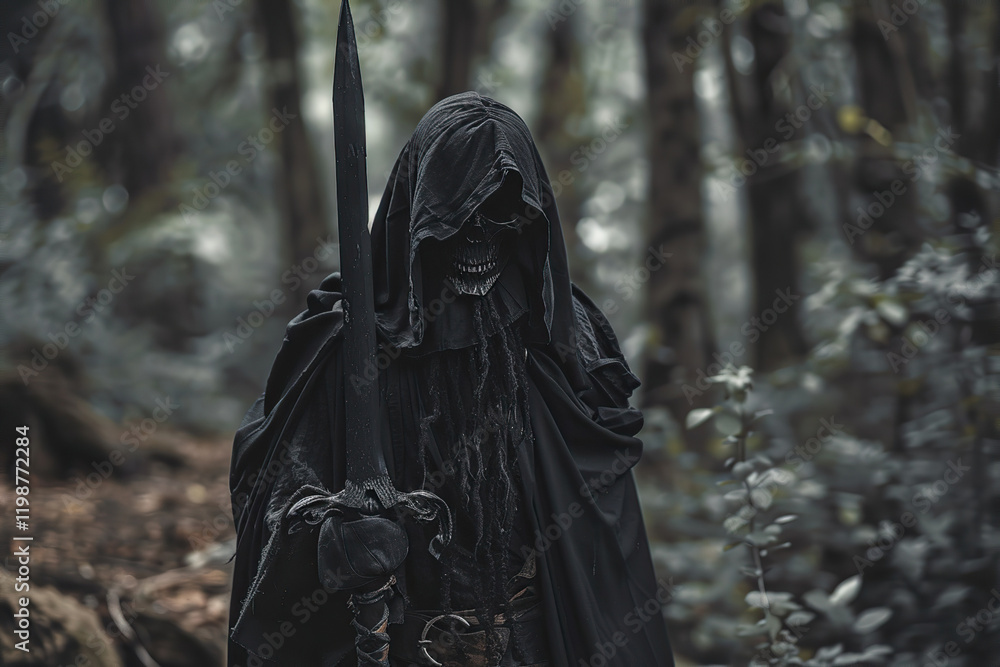 Scary grim reaper with sharp scythe in hell with dark dramatic color, abstract vivid composition consists of fictional unreal fantastic vision on background Scary grim reaper with sharp scythe in hell with dark dramatic color, abstract vivid composition consists of fictional unreal fantastic vision on background