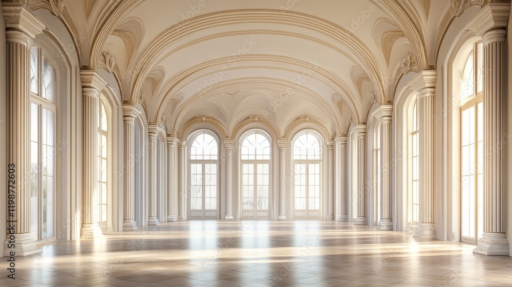 A breathtaking indoor space featuring classical architecture, large windows, and elegant columns, perfect for showcasing natural light and spacious design.