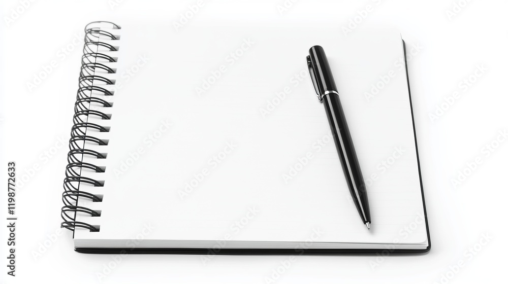 A blank spiral notebook with a black pen on a white background, ideal for writing, sketching, or planning. A blank spiral notebook with a black pen on a white background, ideal for writing, sketching, or planning.