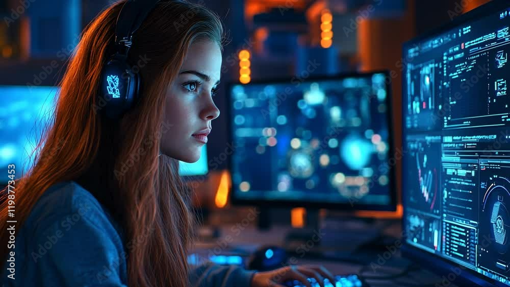 Focused Female Gamer Playing Video Game, gamer girl, esports, gaming, computer, headphones Focused Female Gamer Playing Video Game, gamer girl, esports, gaming, computer, headphones