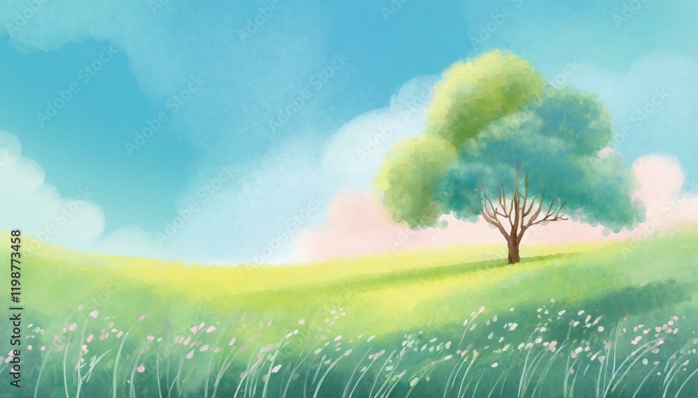 Fototapeta premium 穏やかな風景画のメッセージカード(青空、自然、木)