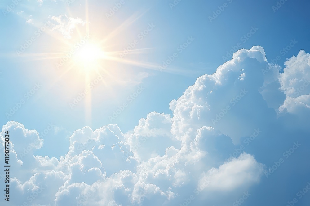 A bright sun shines through fluffy white clouds in a clear blue sky. (1) A bright sun shines through fluffy white clouds in a clear blue sky. (1)
